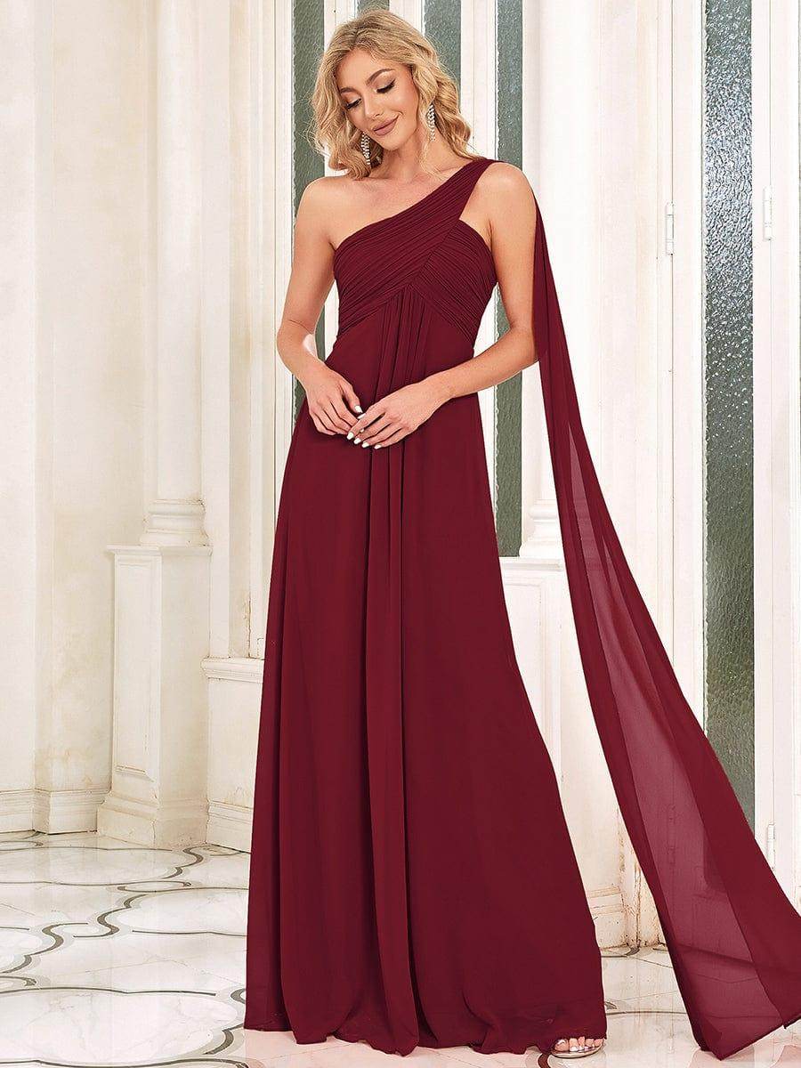 Chiffon One Shoulder Maxi Long Burgundy Evening Dress - Biamonde